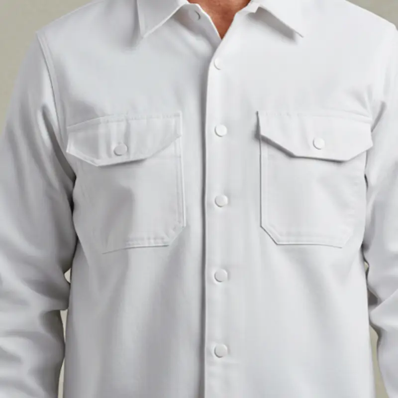Detalle de costuras y bolsillos de camisa de trabajo Oxytone blanca