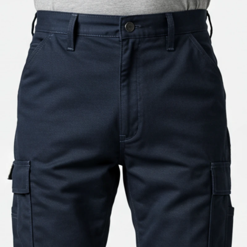 Detalle de cintura, botón y bolsillo cargo lateral de pantalón azul marino