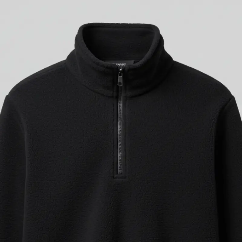 Detalle de cuello y tejido polar de buzo negro para aislamiento térmico
